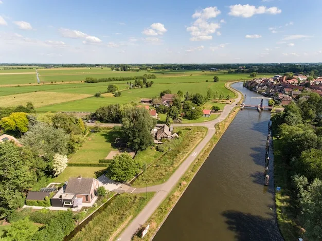 Aerial view of a river running between green fields toward a village