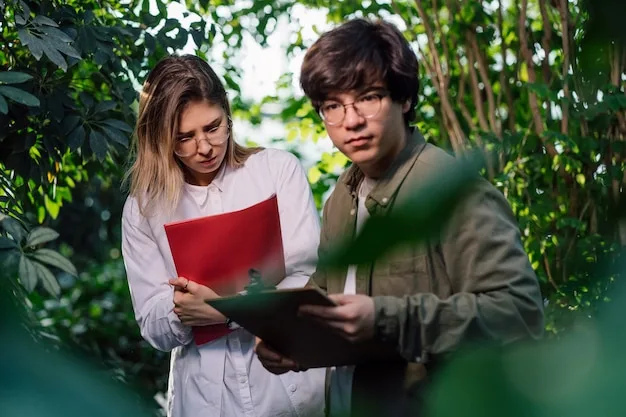 A woman and a man going through notes on a clipboard among leafy trees