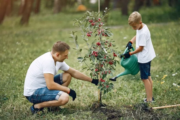 A man and a boy watering a young staked tree after planting